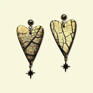 ​Midnight Star Celestial Earrings | 18k Gold Plated | Black & Gold Crackle Polymer Clay | Witchy Goth Jewelry