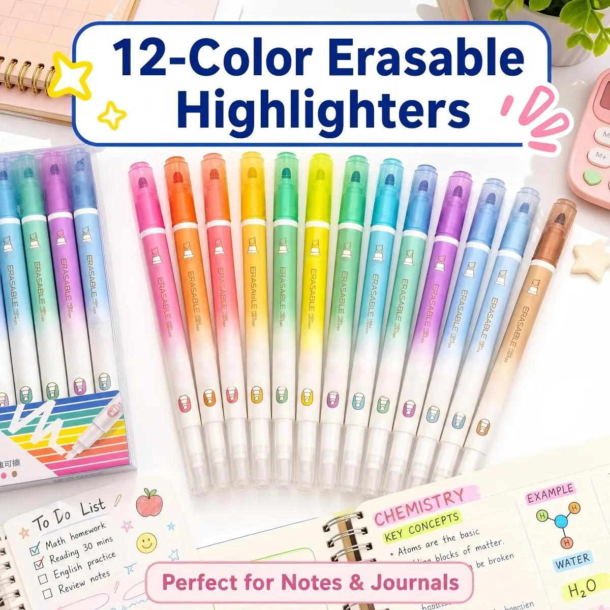 12Pcs Erasable Dual-Tip Highlighters, Gradient Macaron Pastel Set, Comfort-Grip Portable No-Bleed Smooth-Write Office Stationery, for Students' Notes & Bible Journaling gel pen pack gift lover