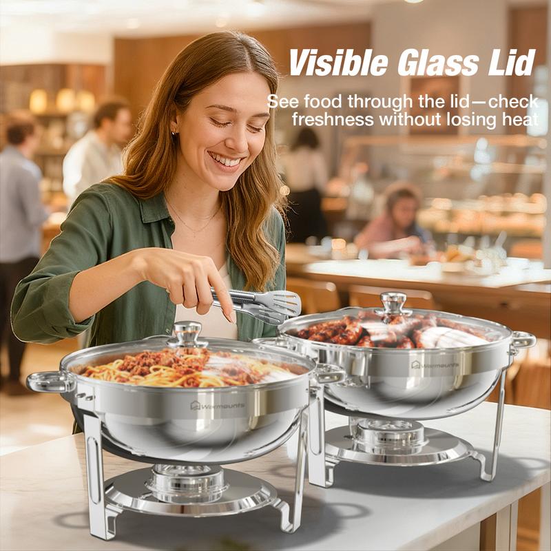 【Holiday Season】WARMOUNTS Round 5QT Chafing Dishes for Buffet with Glass Lid (2/4/6-Pack) | Chafers and Buffet Warmers for New Year‘s Party & Winter Gathering | Wedding & Catering