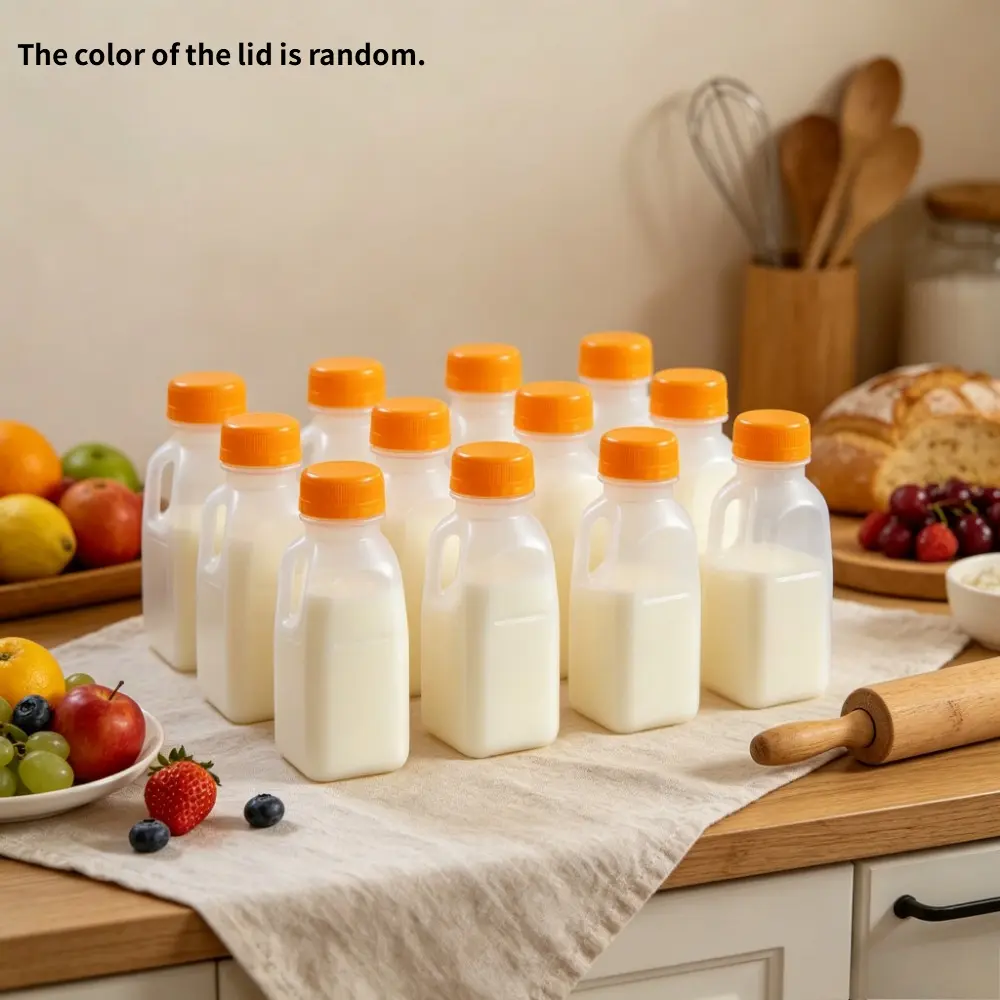 10 sets of 500ml milk bottles with handles, reusable plastic juice bottles with screw caps, suitable for portable empty beverage containers for milk tea, milkshakes, yogurt drinks, home cafes, travel parties, milk bottles