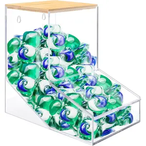 Laundry Pods Container Acrylic Dishwasher Pods Holder with 2 Lids Dispenser for Powder Dryer Balls Beads Soap Organizer Transparent Boxes Wall Mounted Kitchen Wooden
