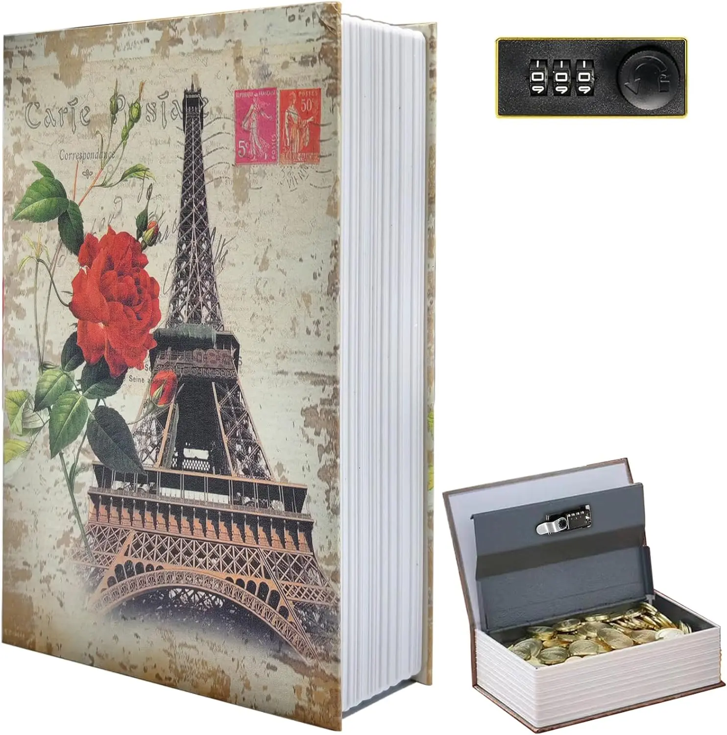 Paris Book Safe Box with Combination Lock, Diversion Safe Vintage Faux Book Hidden Safe for Decoration, Secret Storage Box for Home Office Café Bookshelf Decor (9.5"×6"×2.2") Brand: FOWSEEK