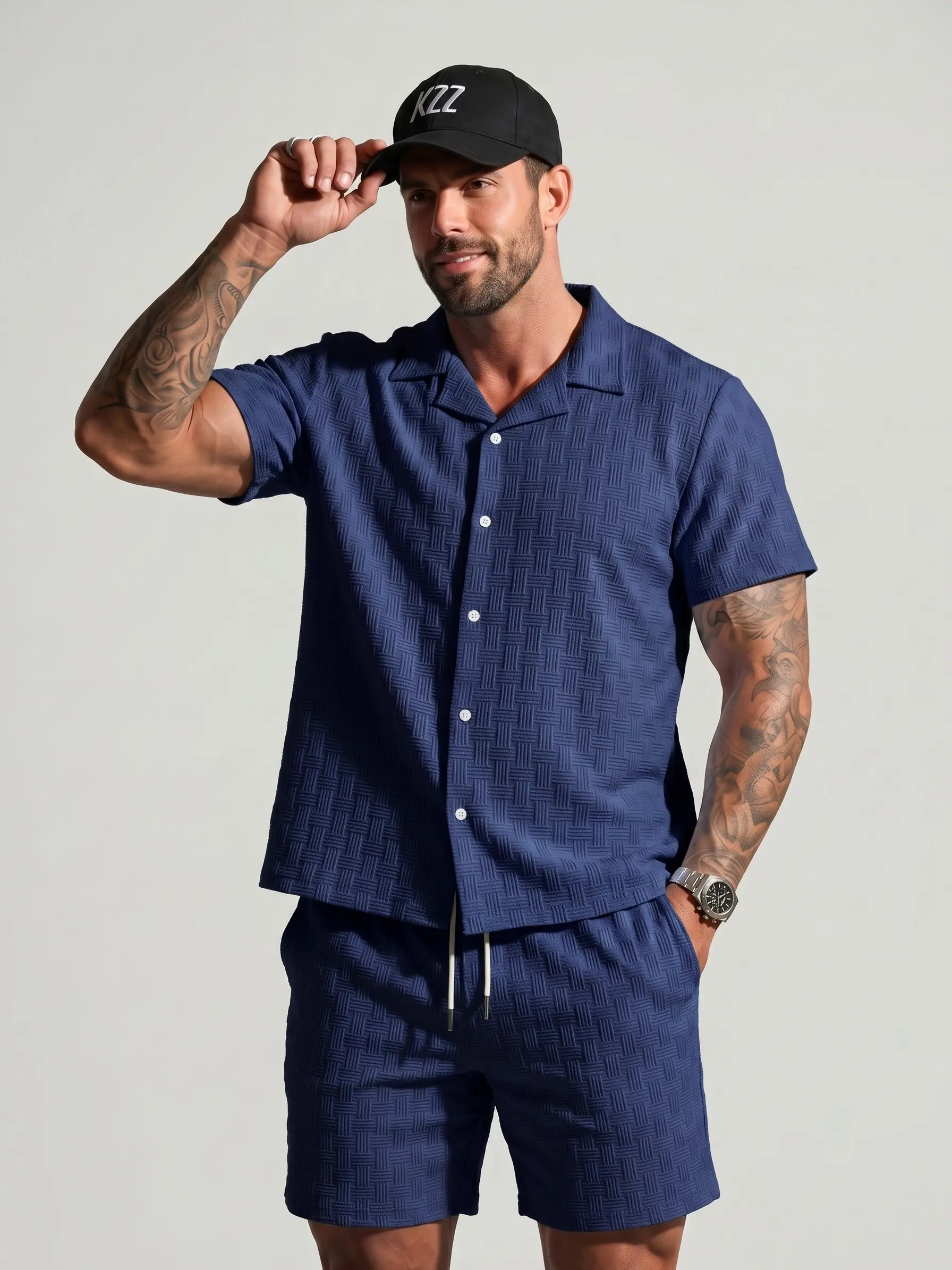 KZZ Men's Textured Short Sleeve Button-Front Pocketed Shirt & Drawstring Waist Shorts 2 Piece Set, Easy Fit Classic Summer Mens Clothing Outfits