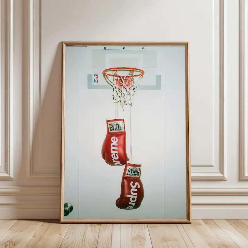 Supreme Boxing Gloves Poster, Basketball Hoop Sports Wall Art, Modern Street Mancave Print