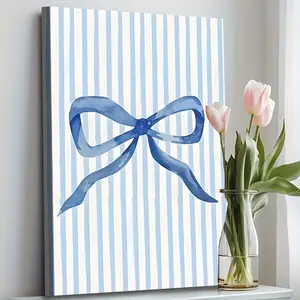 1 Piece Framed Canvas Wall Art - Blue and White Vertical Stripes with Blue Bow, Waterproof and Durable with Solid Wood Edging, Includes Hanging Accessories, Modern Bohemian Style for Living Room and Bathroom Decoration, Spring Festival Gift for Him or Her