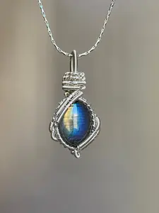 Boho Style Longstone Necklace, Handmade Copper Wire Wrapped Gem Pendant, Third Eye Chakra Healing Crystal, Spiritual Energy Protector