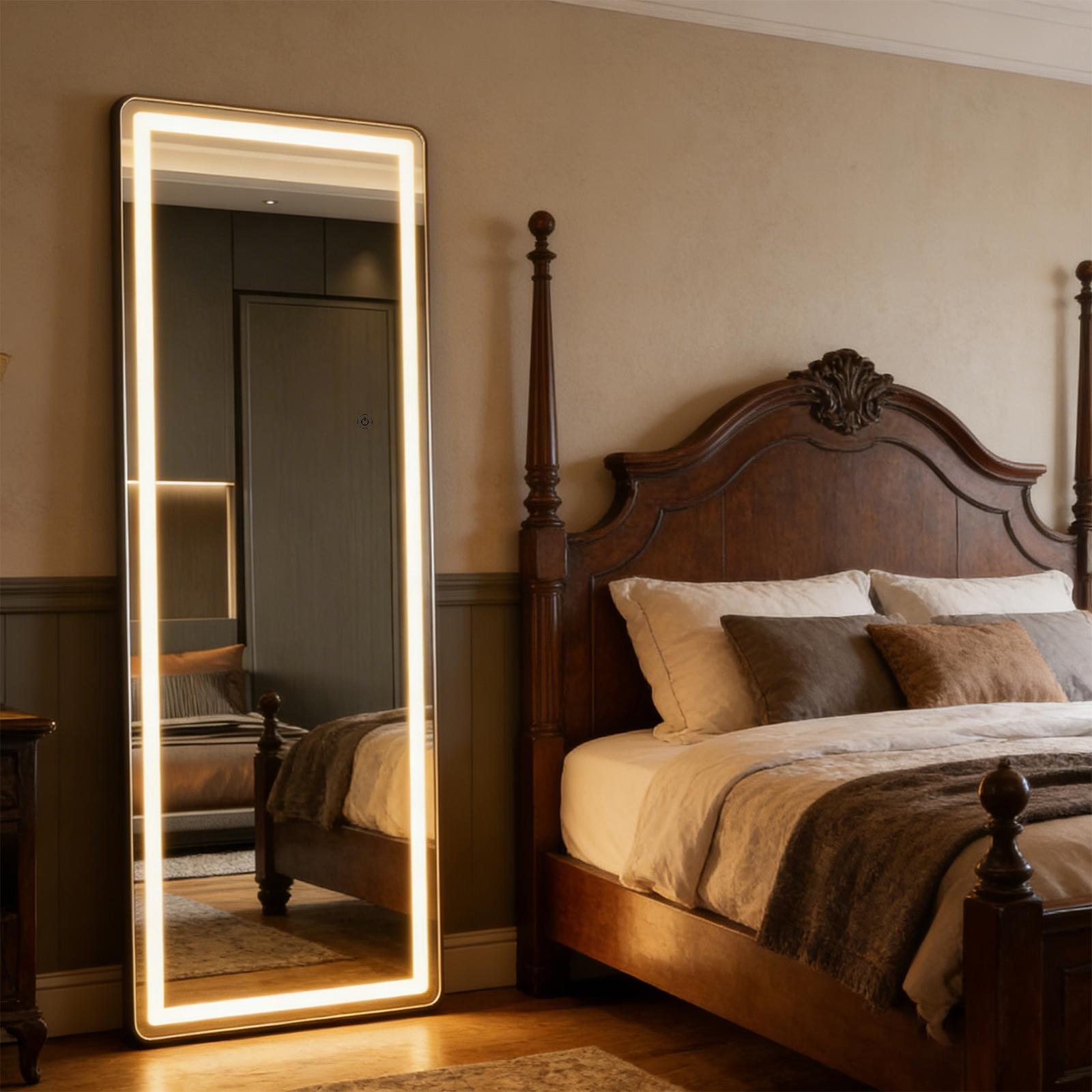 Rectangle LED Full Length Mirror, Vintage Framed Lighted Wall Mirror, Touch Control Warm White Light, Shatterproof HD Mirror, Classic Decor for Bedroom, Entryway