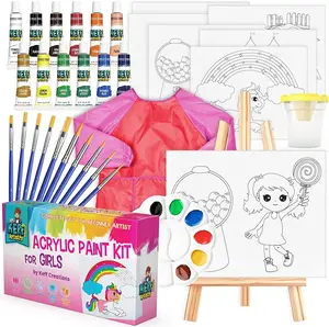 Kids Acrylic Painting Set for Girls – Kids Art Supplies Kit with Pre Drawn Canvases, Paints, Wooden Easel, Paint Brushes, Palette & Pink Smock