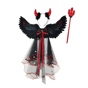 Halloween Angel Demon Cape with Feather Wings Props Ball Costume Cape Princess Back Accessory for Cosplay Black and Red Design