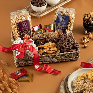 KREMERY Chocolate Gift Basket – Chocolate Covered Pretzels & Caramel Popcorn in Seagrass Tray with Ribbon, 2.5 lbs