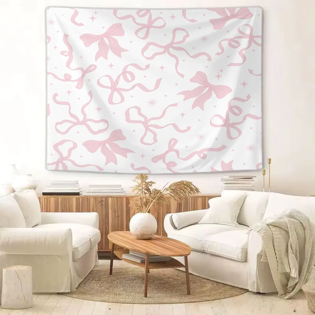 Aesthetic Pink Bow & Star Tapestry,Dreamy Girly Wall Hanging Tapestries,Girly Kawaii Bow Printed Tapestrys for Teen Girl Bedroom,Dorm & Cottagecore Home Decor,Girl Room Accessories,Soft Fade-Resistant Wall Art to Elevate Your Feminine Aesthetic
