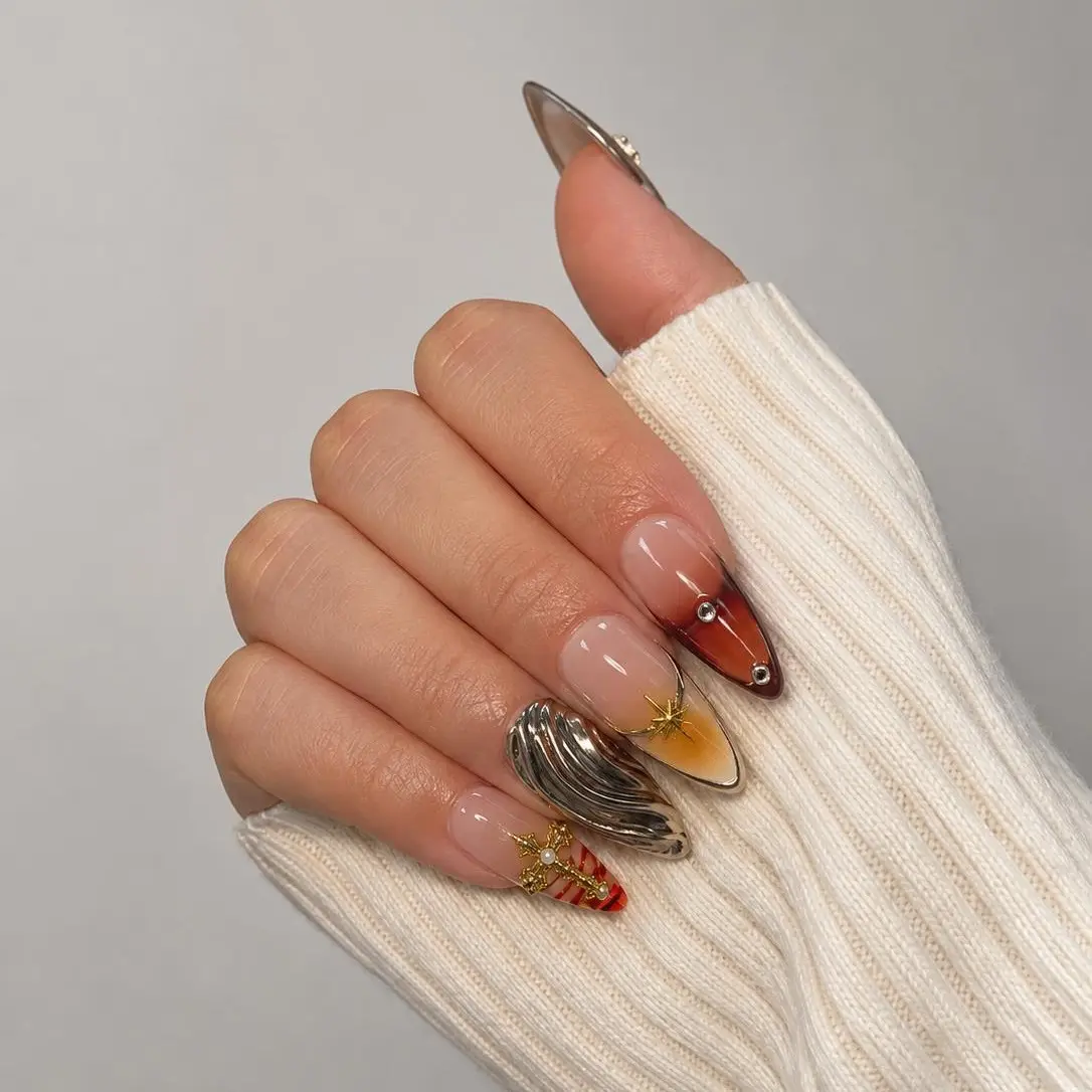 Press'd & Twinkle: "Believe" Press-On Nails — Nude Amber Ombré Stiletto Press-On Nails with 3D Gold Cross & Crystal Charms