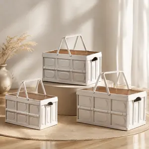 MeToMe | Foldable Storage Box with Wooden Lid & Carry Handles, Collapsible Organizer Bin for Home, Car, Camping, Toys & Clothes Storage