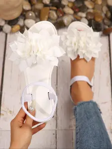 Women's Fashionable Plain Color Flower Decorated Sandals, Casual Comfortable Flat Sandals for Summer, Lightweight Breathable Shoes for Daily Wear, Girl