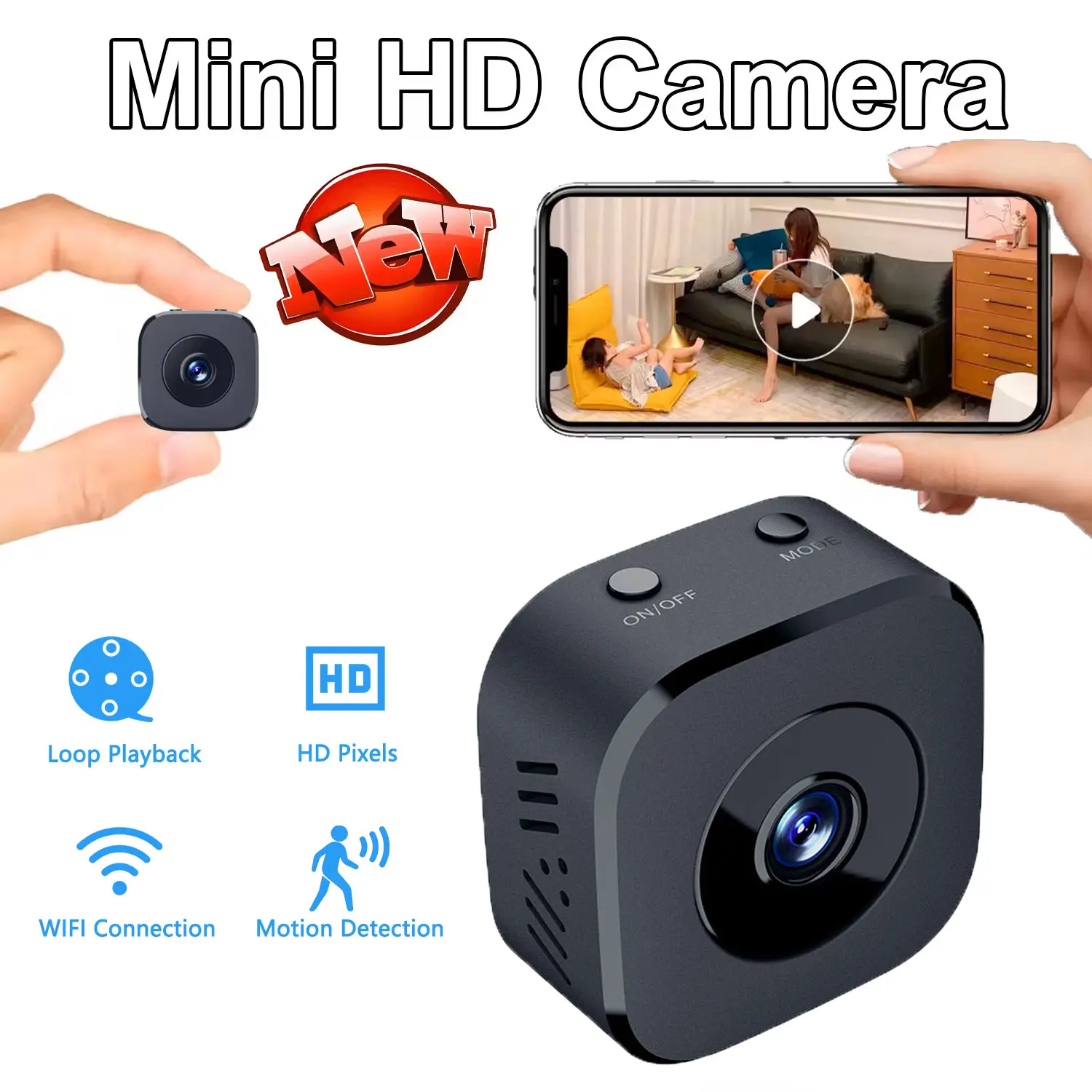 Security Camera 4K Mini Full Color Night Vision High Definition WiFi Monitor Waterproof Motion Detect Surveillance Smart Home, Magnetic, Cable