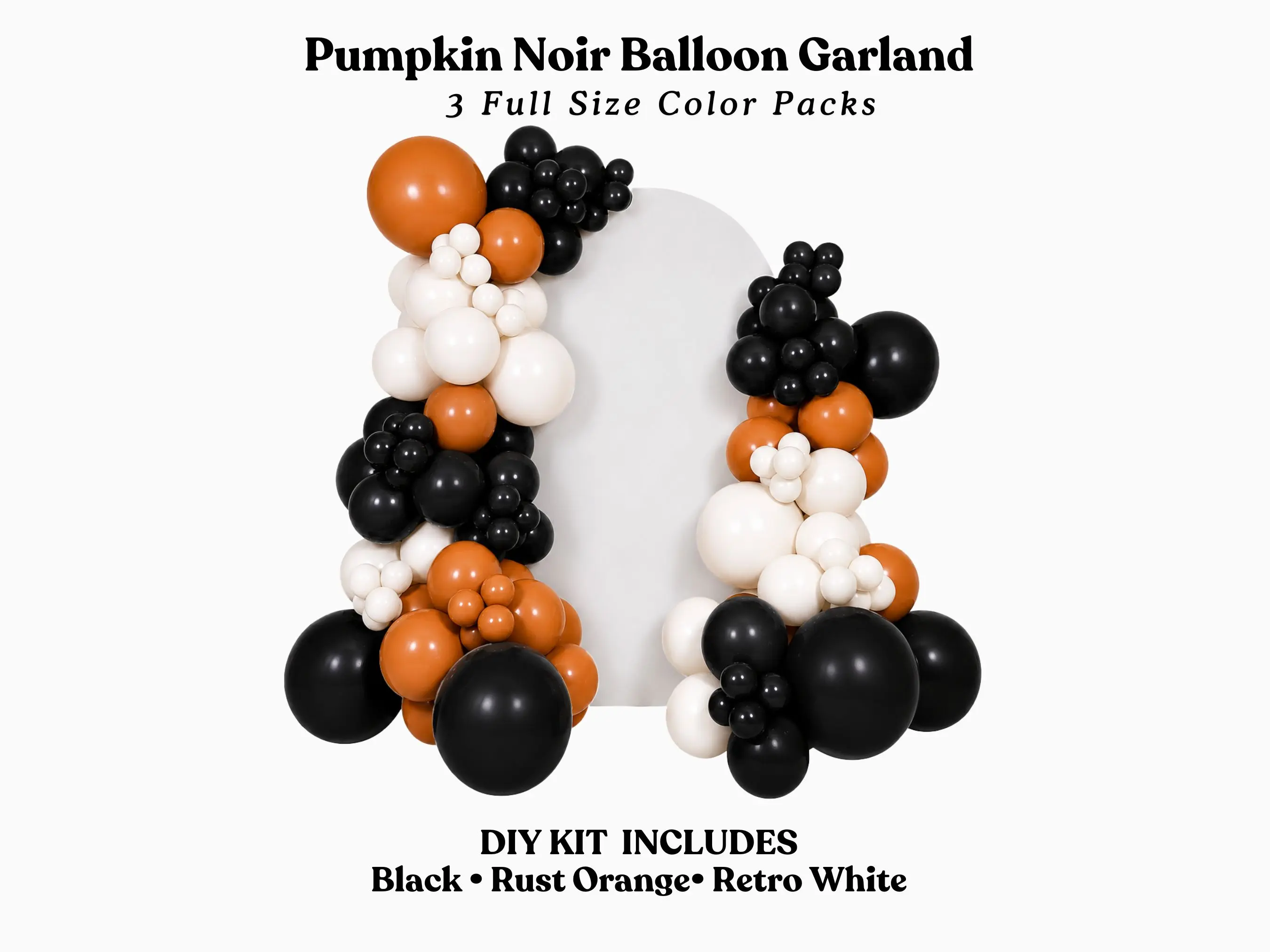 Pumpkin Noir Balloon Garland- Black, Rust Orange, Retro White DIY Kit