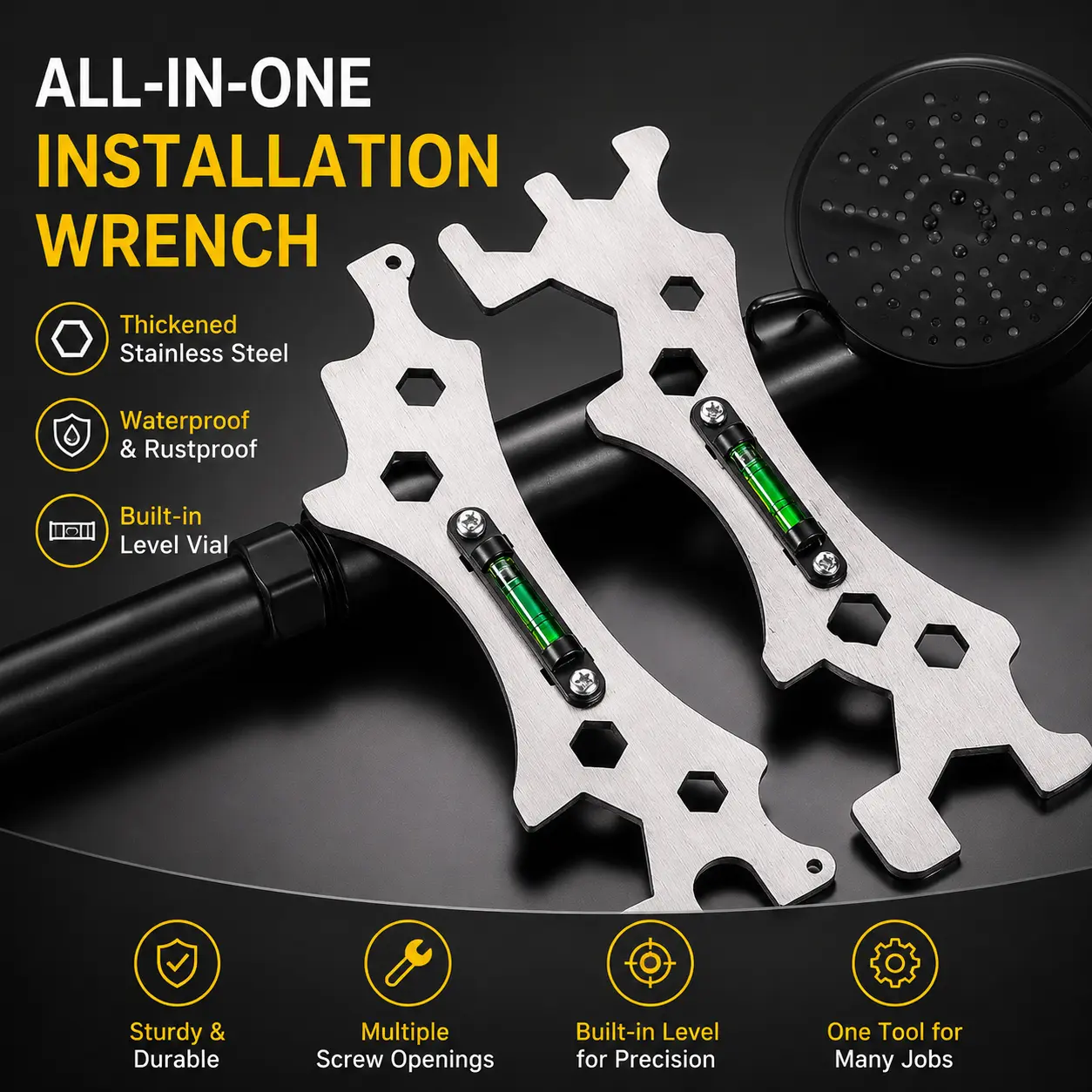1 Count, Thickened Stainless Steel Shower Wrench with Built-in Level, Multiple Hex Openings for Bathroom Assembly and Home Maintenance