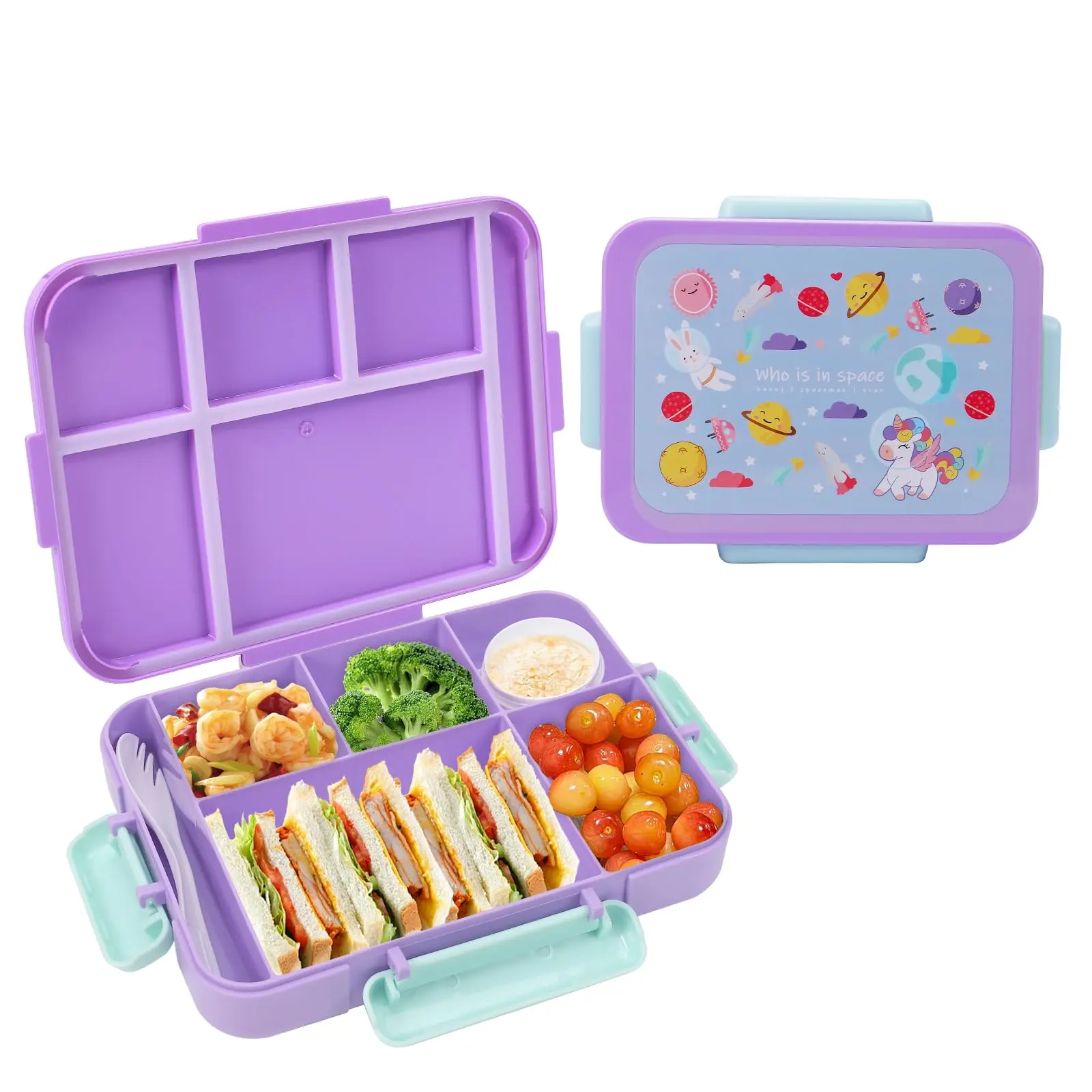 Kids Bento Box, 5 Compartments Leakproof LunchContainers with Tableware & Sauce Box, Microwave &Dishwasher & Freezer Safe, BPA Free, 40oz (Purple&Blue)