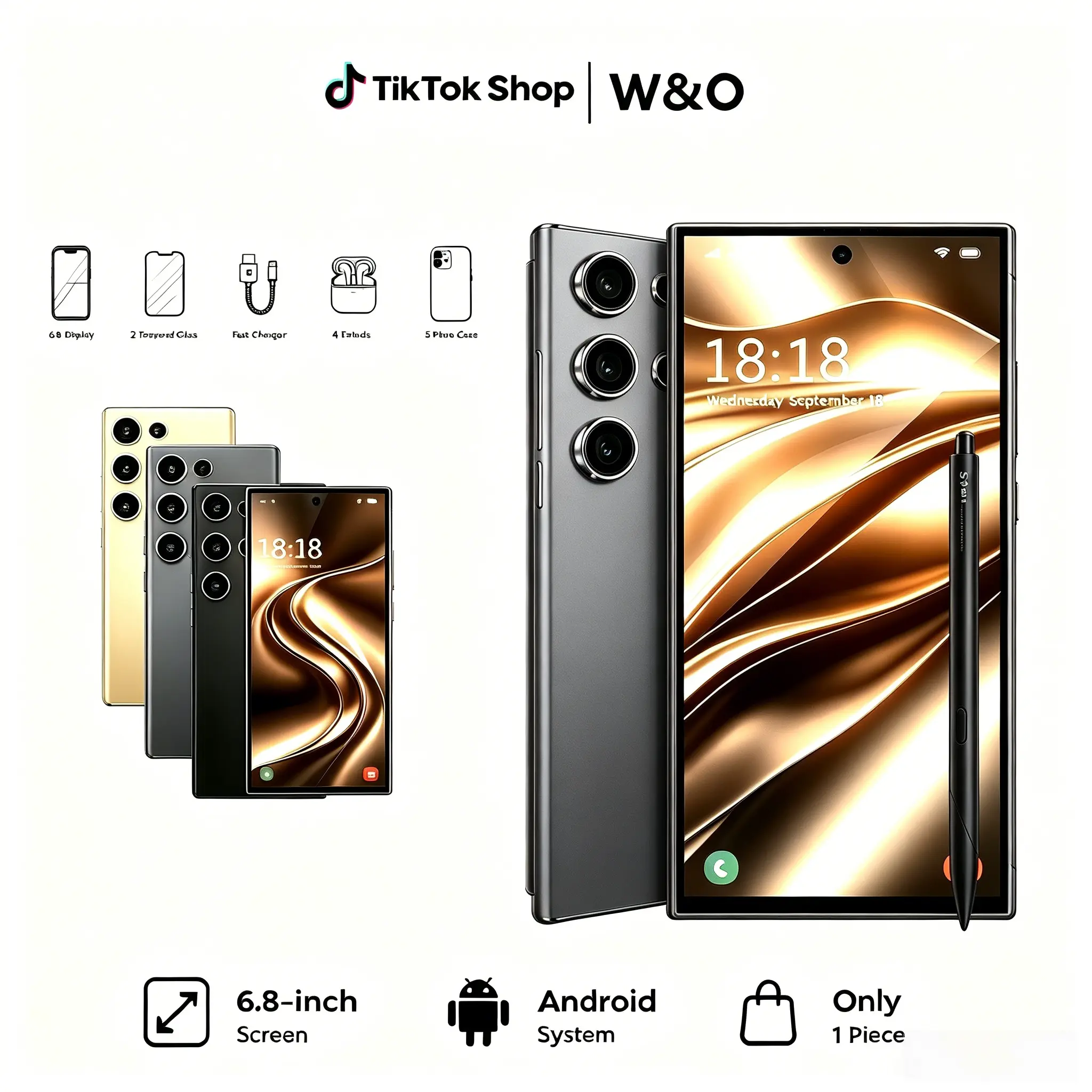 W&O 2026 Android Cell Phone 6.8 Inch HD+ Display 12MP+50MP Dual Camera 6800mAh Long Battery Life 12GB RAM 512GB Storage Dual SIM Dual Standby 4G LTE Unlocked Smartphone with Stylus Pen & Full Accessories