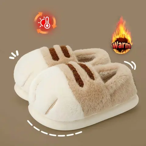 Cute 3D Cat Paw Slippers for Women & Men – Fluffy Plush Winter House Shoes, Cozy Furry Indoor Outdoor Non-Slip Footwear