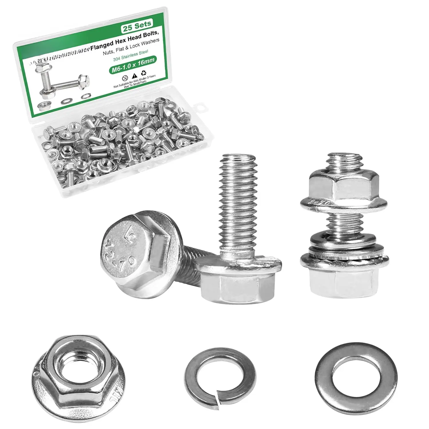 25 Sets M6-1.0 x 16mm Flanged Hex   Kits, M6 Flange Hexagon Screws and Nuts,Flat & Spring Lock Washers,18-8 (304) Stainless Steel,Metric Bolt Assortment, Fully Threaded