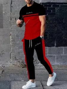 Los Angeles color splicing print, men's casual fashion two-piece set, round neck short sleeve and drawstring long pants outfit, with slight elasticity, regular fit Classic Clothes men's 2 piece set