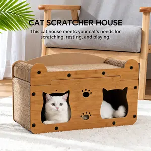 Walnut Cat Head Cat Scratch Board House 2-in-1 for Scratching Resting and Playing Natural Wood Design