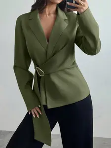 Elegant Casual Women's Solid Color Blazer Jacket, Long Sleeve Lace-Up Outerwear, All-Season Fashion Top, Stylish V-Neck Design