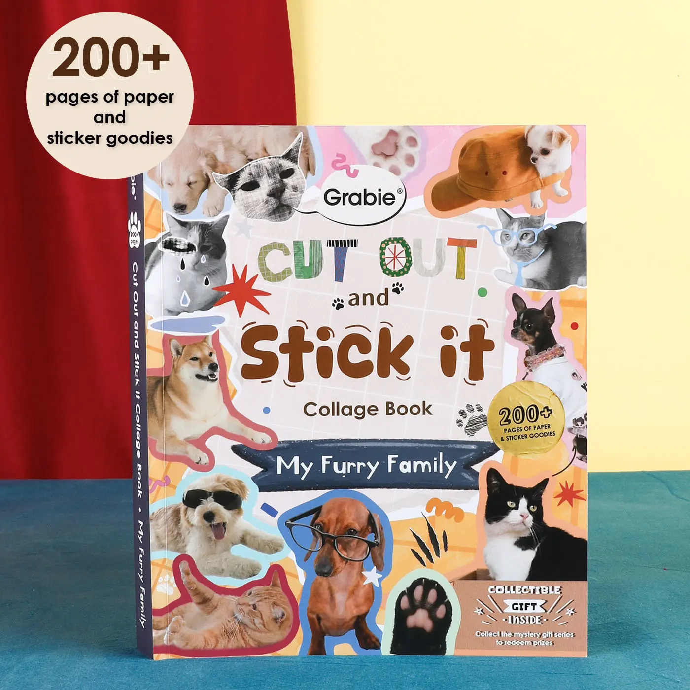 Grabie Collage Activity Book - Illustrated Scrapbook with 200+ Pages, Furry Family Theme, Bleed-Resistant Vellum Paper, Die-Cut Stickers, Double-Sided Smooth Writing Paper, Back to School Class Reward Gift