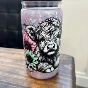 16oz Suspended Snowglobe Tumbler with Adorable Highland Cow Design and Glitter Accents