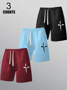 Men's 3-Pack Cross Pattern Shorts, Drawstring Waist, Adjustable Waist, Casual Summer Outdoor Gym Shorts, Workout Shorts, Fitted H-Type, Graphic Design