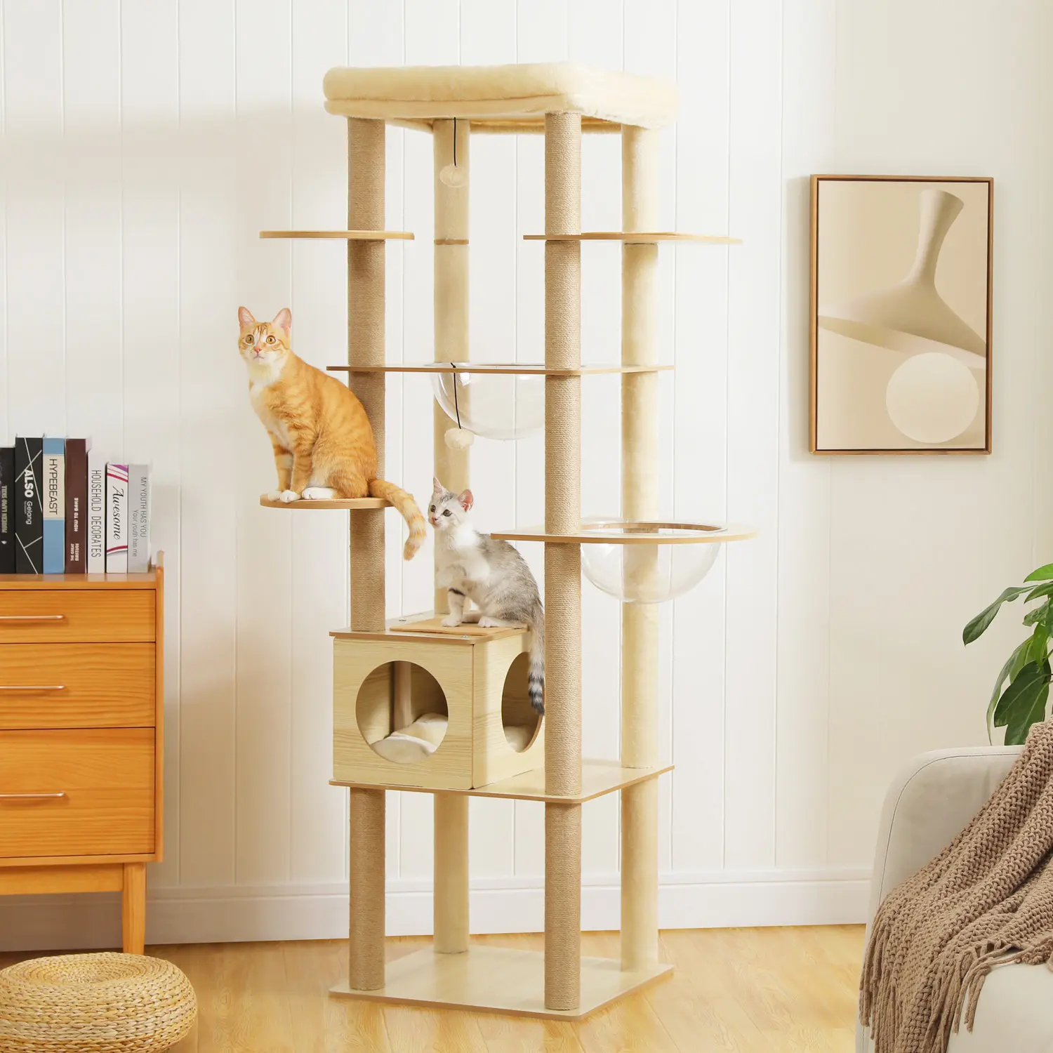 PAWZ Road 71-Inch, Wood Cat Tree Tower with Acrylic Nests, Multi-Level Cat Activity with Scratching Posts, Condo House and Large Top Perch, Beige#DealsForYouDays