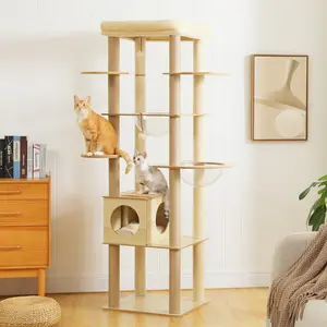 PAWZ Road 71-Inch, Wood Cat Tree Tower with Acrylic Nests, Multi-Level Cat Activity with Scratching Posts, Condo House and Large Top Perch, Beige