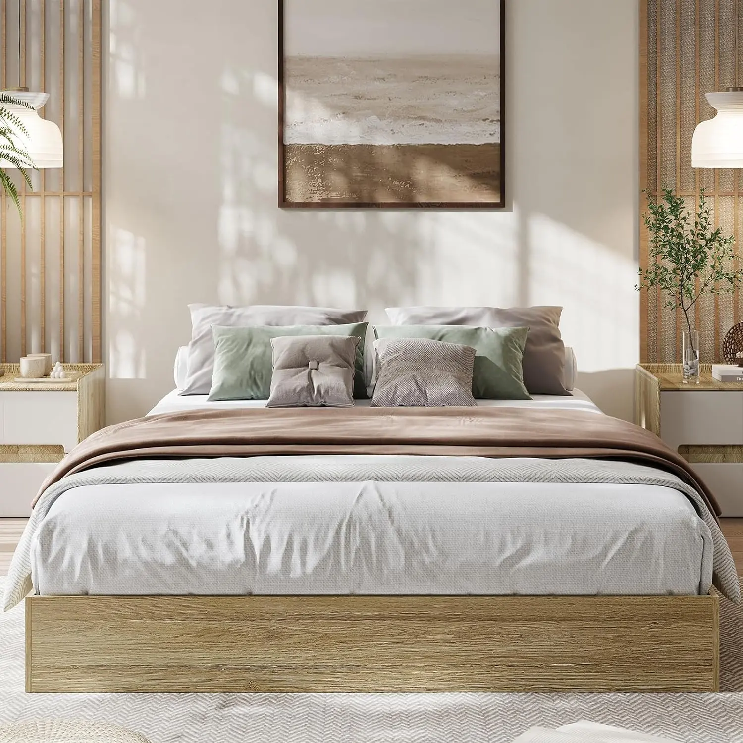 GARVEE California King Size Wood Grain Solid Wood Platform Bed, Floor-Standing Bed Frame with Sturdy Wooden Slats, No Box Spring Needed, Easy Assembly, Golden Tan Finish