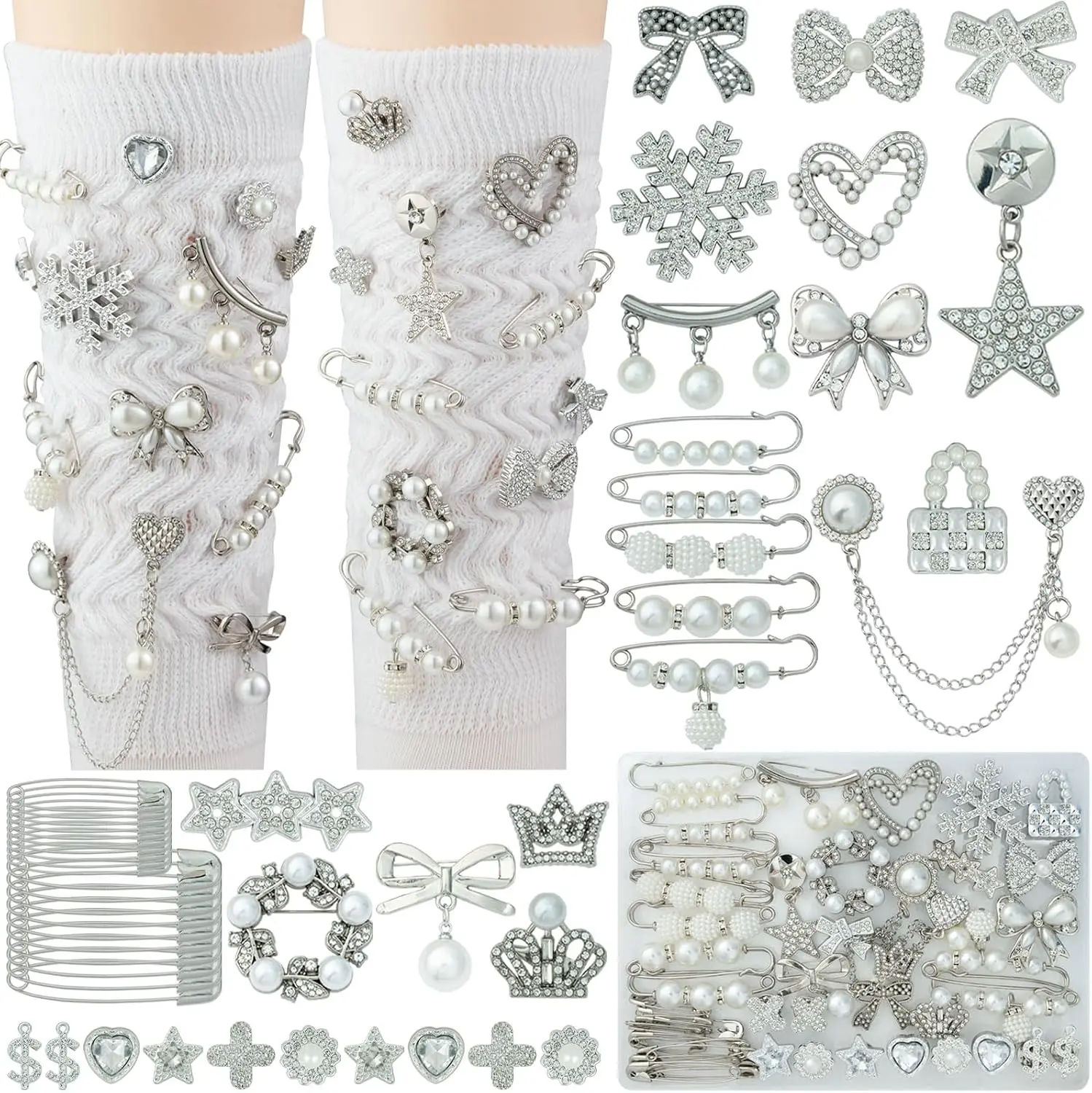 DoDoBeads 55 Pcs Silver Shoe Charms for Sneakers, Silver Junk Socks Charms Kit, Pearl and Rhinestone Sock Charm with Safety Pins, DIY Accessories for Decorating and Personalizing Socks Shoes Hats