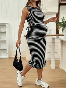 JOYCEE Maternity Summer Casual Striped Side Slit Sleeveless Dress