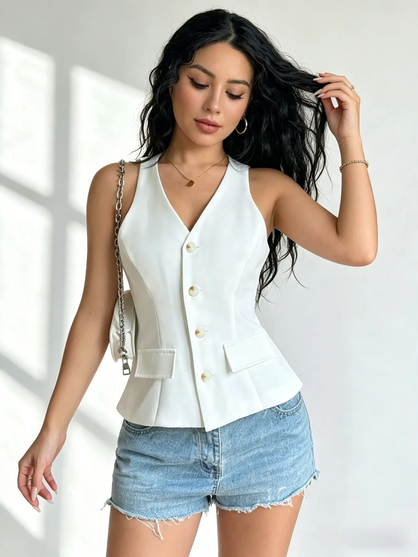 French Office Chic White V-Neck Single-Breasted Waist-Cinched Tailored Vest Effortless Minimalist White V-Neck Fitted Sleeveless Blazer Vest Y2K Casual White V-Neck Single-Breasted Slimming Tailored Vest