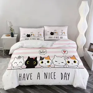 Cute Cartoon Cat Down Comforter Duvet Set (1 Coverlet + 2 Pillowcases), Animal Print Bedding, Super Soft Breathable, Single Twin Full Queen King