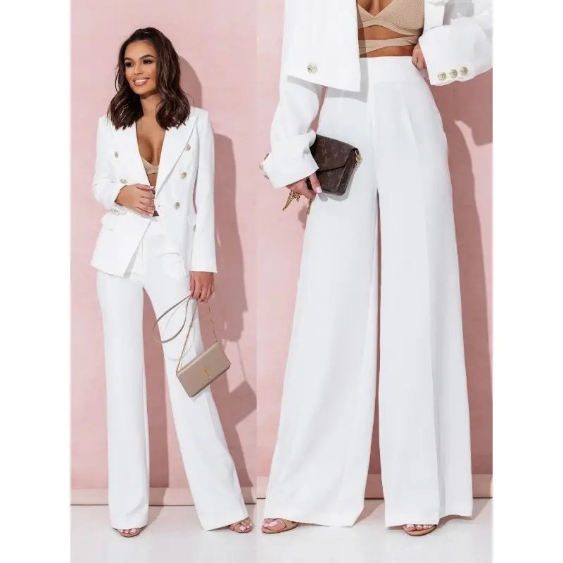 Women's Fashion Smooth Polyester Slim-Fitted Double-Breasted Solid Color Office Blazer Suit - Comfortable Formal, Casual Day Womenswear (Matches Blouses)