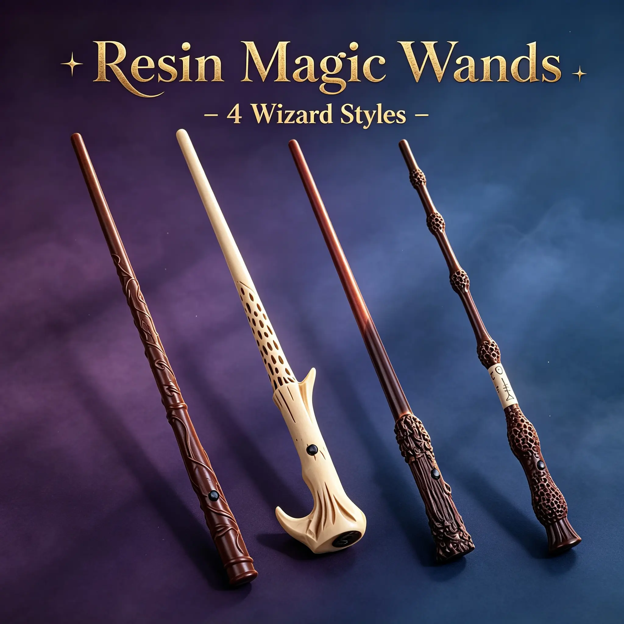 4 Styles Resin Magic Wizard Wands, Hand-Carved Detailed Cosplay Prop, Fantasy Roleplay Accessory for Halloween, Cosplay & Collectible Display