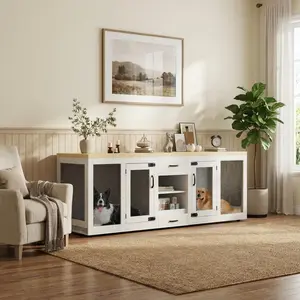 Double Dog Crate Furniture for Large Dogs,90 Inch Extra Large Heavy Duty Wooden Kennel with Feeding Station, Divider, Storage Shelves,Indoor Dog Bed Cabinet