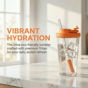 Large Capacity Handle Straw Cup 24oz Plastic Water Bottle, Reusable Multi-Color Cute Drink Cup Coffee Cup Outdoor Cup- Tropical Orange 008