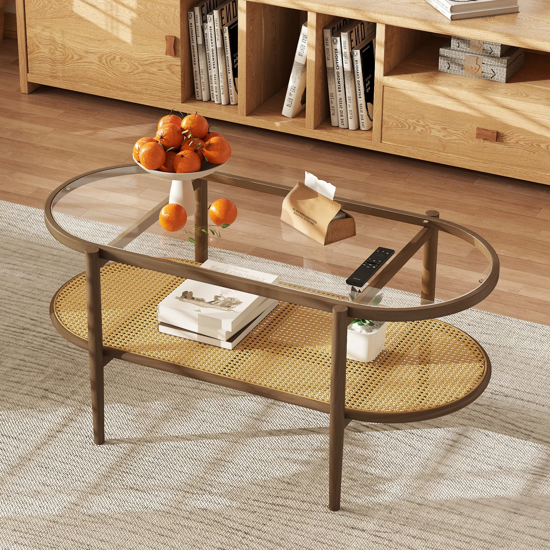 Rattan Coffee Table, 2-Tier Oval Acacia Wood Tea Table w/Tempered Glass Tabletop & PE Rattan Storage Shelf, Boho Cocktail Tables, Mid Century Modern Center Table for Living Room Office