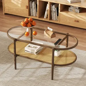 Rattan Coffee Table, 2-Tier Oval Acacia Wood Tea Table w/Tempered Glass Tabletop & PE Rattan Storage Shelf, Boho Cocktail Tables, Mid Century Modern Center Table for Living Room Office