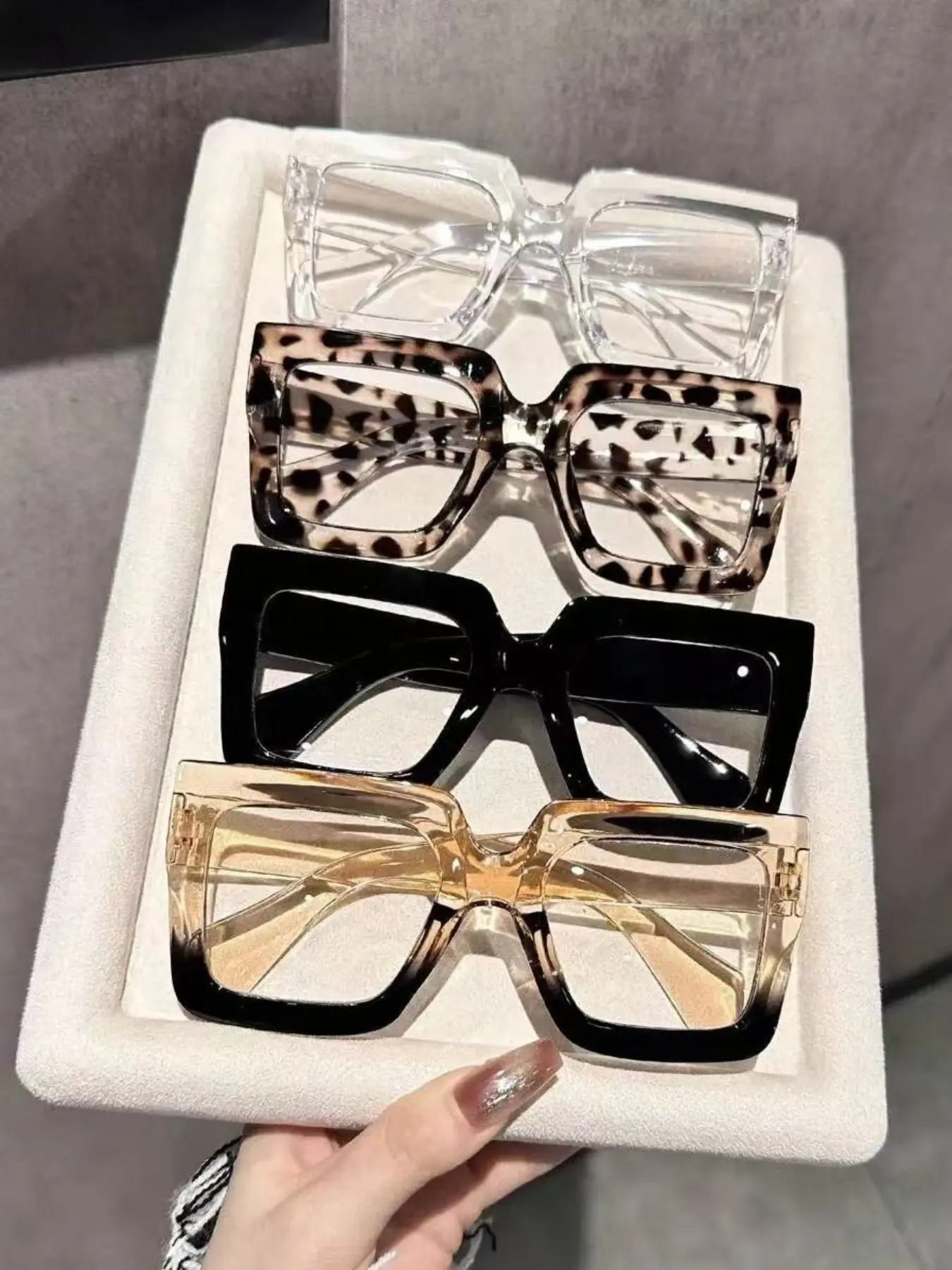 Women's Geometric Large Frame Plastic Windproof Glasses Set, Leopard Pattern Eyeglasses, Modern Simple Design, Clear Lens Fashion, Casual Stylish Glasses, Stylish Eyewear, Suitable for School, Reading, Street Photography