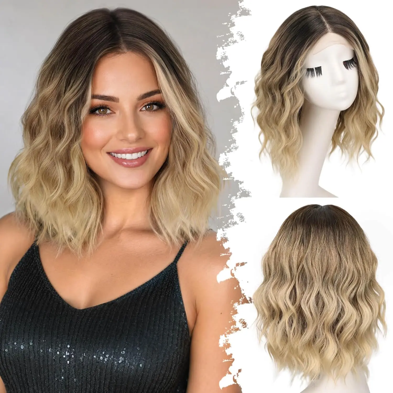 14 Inch Brown Chestnut Blonde Highlights Wigs for Women Shoulder Length Wave Wig with Pre-Cut Lace Hairline Middle Part Natural Wavy Bob Synthetic Heat Resistant Fiber for Daily and Party lace hairline wig