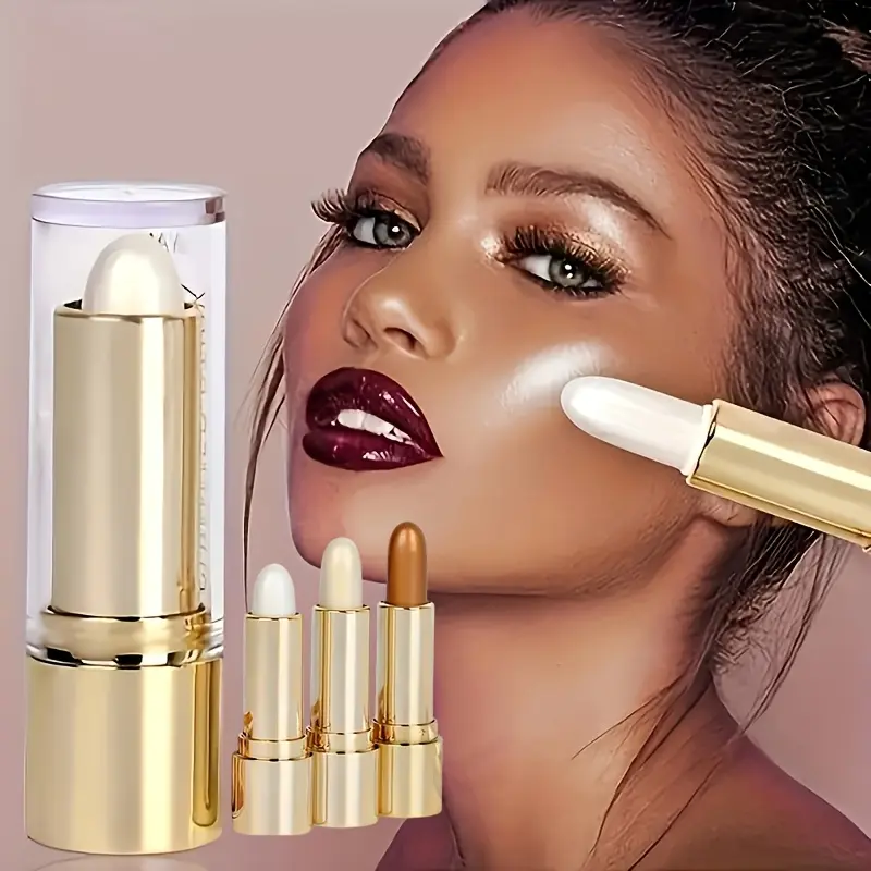3D Highlighter & Contour Stick, Side Shadow Facial Concealer, Eye Brightening Rotating Rod, Highlighting Stick, Highlighter Makeup, Pearl Color Suitable for All Skin Types