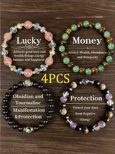 Boho Crystal Beaded Bracelets, High Quality Bracelet - Obsidian, Black Tourmaline & Tiger Eye for Money Attraction, Elastic Stacking Jewelry for Party Daily Wear, Good Luck Gift for Women Men Couples, Ideal Gift for Mom's Day, Father's Day