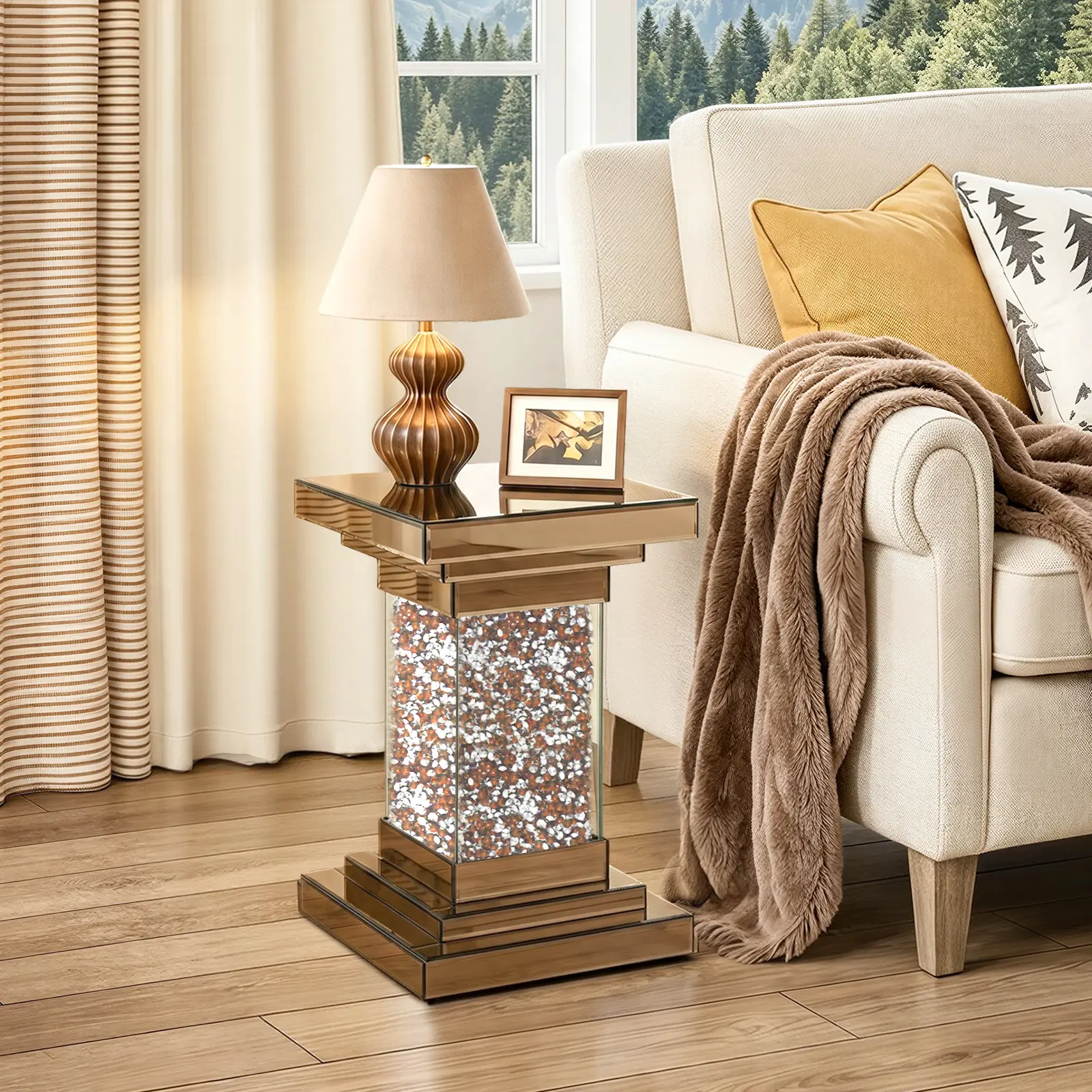 20 "high gold mirror table with shatterproof countertop and shatterproof base - modern square layered decorative corner, suitable for living room, bedroom, entrance, furniture decoration, gift must have