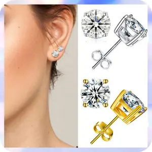 [001-1CT] Sparkling Synthetic Moissanite Stud Earring Classic Four-claw Sterling 925 Silver Jewelry Stud Earrings Elegant Luxury Style Delicate Gift